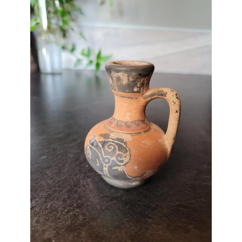 Vintage Greek Style Terracotta Miniature Jug Hand Painted‎ Helmeted Figure 3